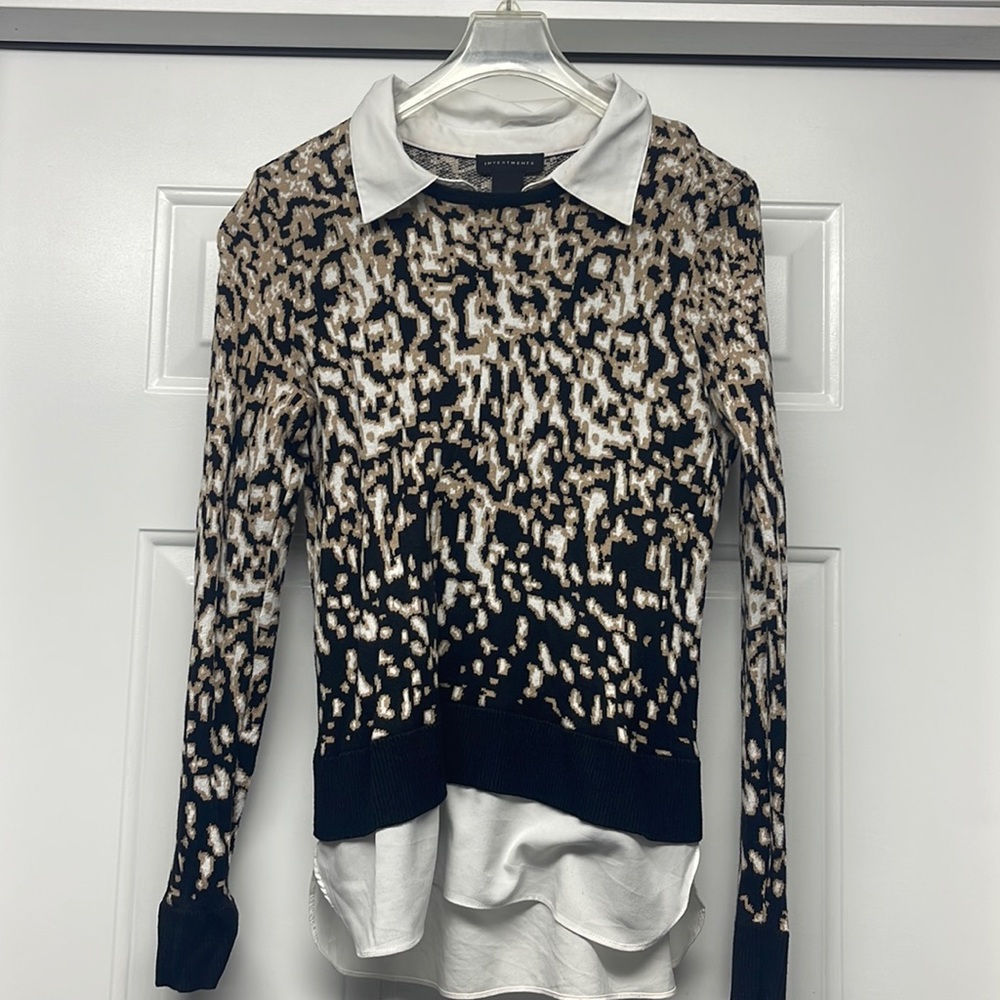 Pattern sweater with faux collared dress shirt